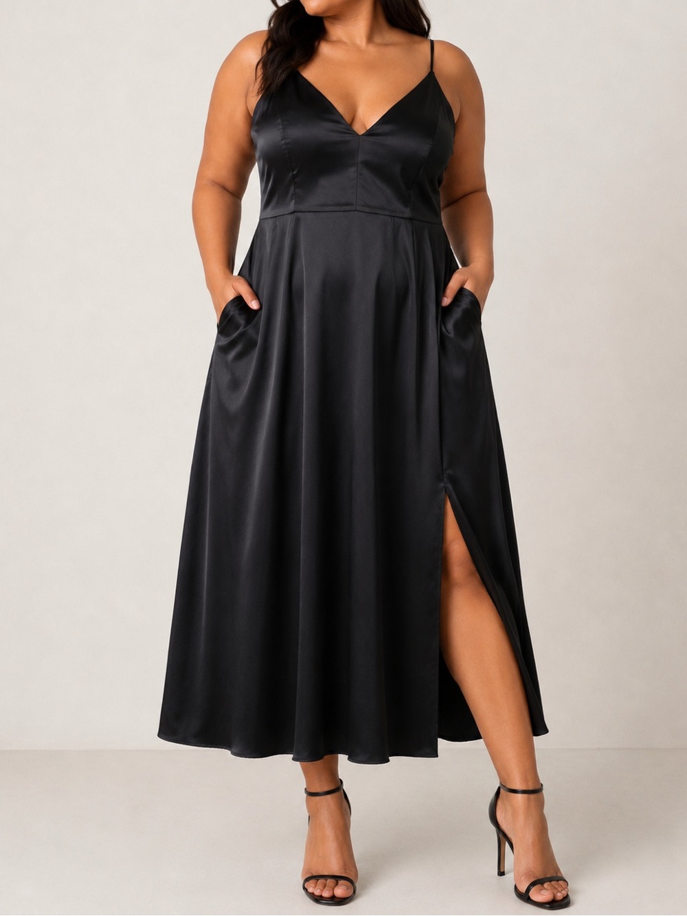 Galina Signature Black Satin Side Slit Pockets V-Neck Formal Midi Dress